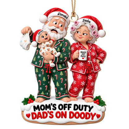 Personalized Mom's Off Duty Dad's On Doody Christmas Wood Ornament – Funny Diaper Duty Custom Names Gift for New Parents