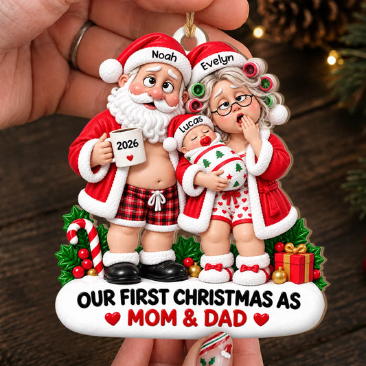 Personalized Funny New Parents Christmas Wood Ornament – Exhausted Santa & Mrs. Claus With Baby Our First Christmas As Mom & Dad Custom Names Year Keepsake Gift