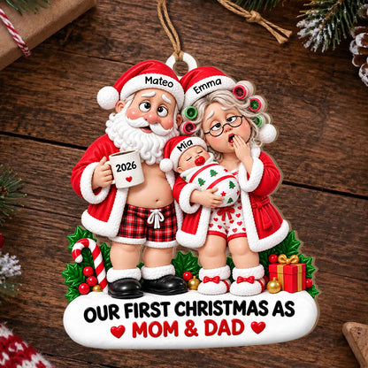 Personalisierter lustiger Weihnachtsanhänger aus Holz für frischgebackene Eltern – Erschöpfter Weihnachtsmann & Weihnachtsfrau mit Baby, Unser erstes Weihnachten als Mama & Papa, personalisierbare Namen & Jahr, Erinnerungsgeschenk