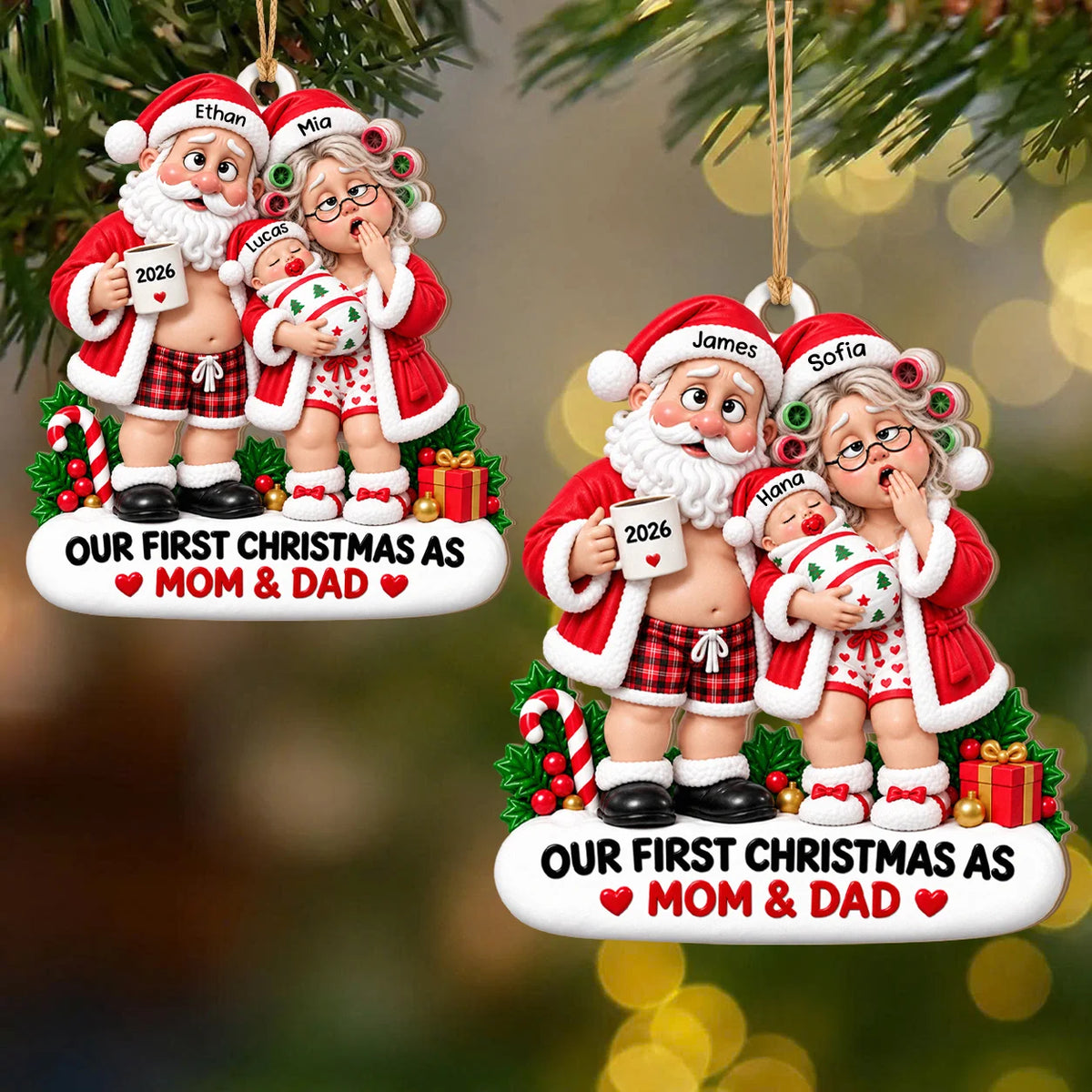 Personalisierter lustiger Weihnachtsanhänger aus Holz für frischgebackene Eltern – Erschöpfter Weihnachtsmann & Weihnachtsfrau mit Baby, Unser erstes Weihnachten als Mama & Papa, personalisierbare Namen & Jahr, Erinnerungsgeschenk