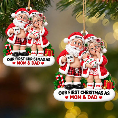 Personalisierter lustiger Weihnachtsanhänger aus Holz für frischgebackene Eltern – Erschöpfter Weihnachtsmann & Weihnachtsfrau mit Baby, Unser erstes Weihnachten als Mama & Papa, personalisierbare Namen & Jahr, Erinnerungsgeschenk