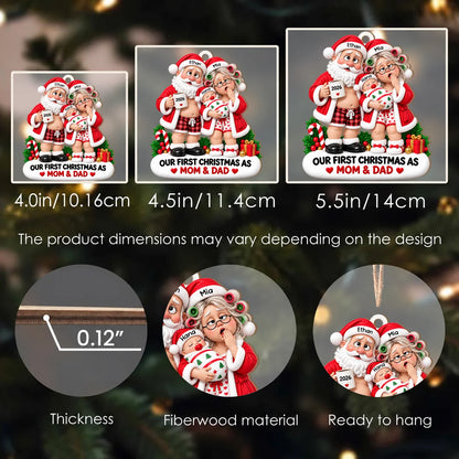 Personalisierter lustiger Weihnachtsanhänger aus Holz für frischgebackene Eltern – Erschöpfter Weihnachtsmann & Weihnachtsfrau mit Baby, Unser erstes Weihnachten als Mama & Papa, personalisierbare Namen & Jahr, Erinnerungsgeschenk