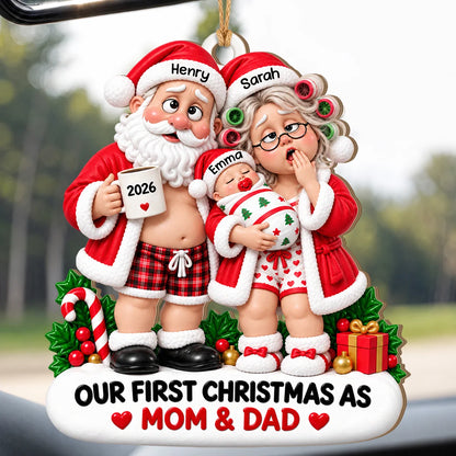 Personalisierter lustiger Weihnachtsanhänger aus Holz für frischgebackene Eltern – Erschöpfter Weihnachtsmann & Weihnachtsfrau mit Baby, Unser erstes Weihnachten als Mama & Papa, personalisierbare Namen & Jahr, Erinnerungsgeschenk