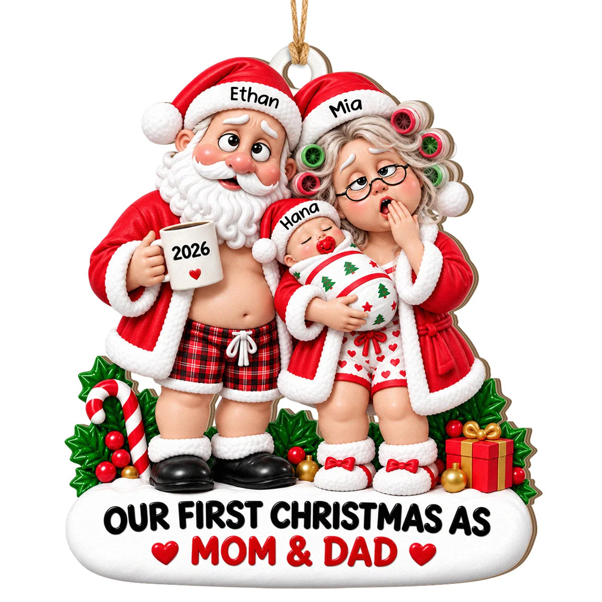 Personalisierter lustiger Weihnachtsanhänger aus Holz für frischgebackene Eltern – Erschöpfter Weihnachtsmann & Weihnachtsfrau mit Baby, Unser erstes Weihnachten als Mama & Papa, personalisierbare Namen & Jahr, Erinnerungsgeschenk