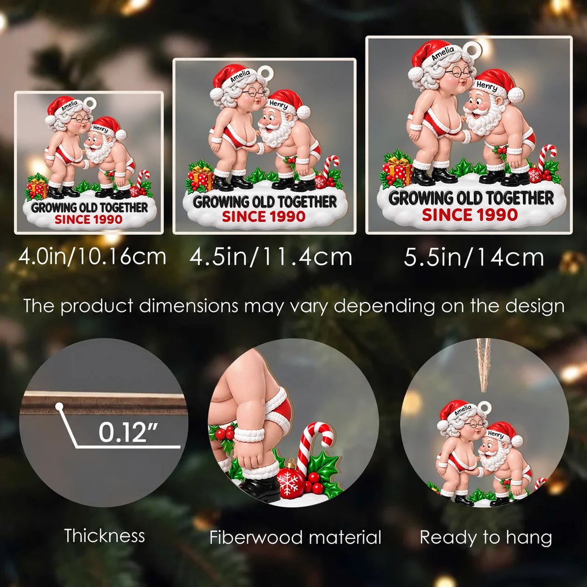 Ornement en bois personnalisé pour couple de Noël vieillissant ensemble en sous-vêtements rouges – Cadeau pour couples