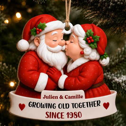 Personalized Santa Couple Christmas Wood Ornament – Growing Old Together Anniversary Gift