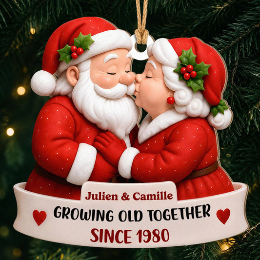 Personalized Santa Couple Christmas Wood Ornament – Growing Old Together Anniversary Gift