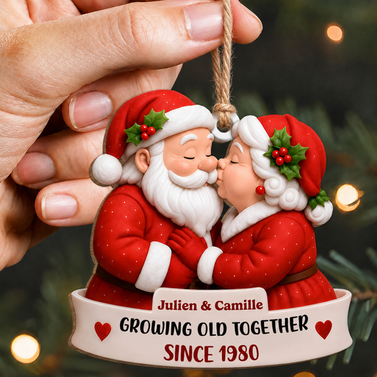 Personalized Santa Couple Christmas Wood Ornament – Growing Old Together Anniversary Gift