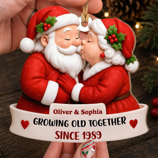 Personalized Santa Couple Christmas Wood Ornament – Growing Old Together Anniversary Gift