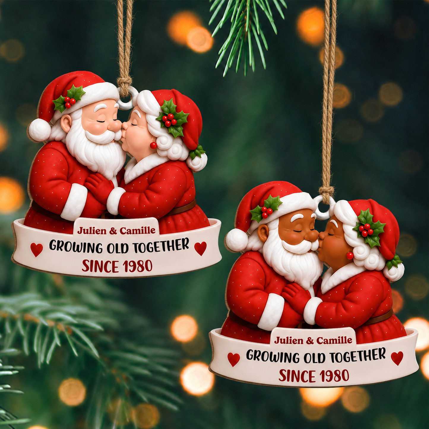 Personalized Santa Couple Christmas Wood Ornament – Growing Old Together Anniversary Gift