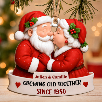 Personalized Santa Couple Christmas Wood Ornament – Growing Old Together Anniversary Gift