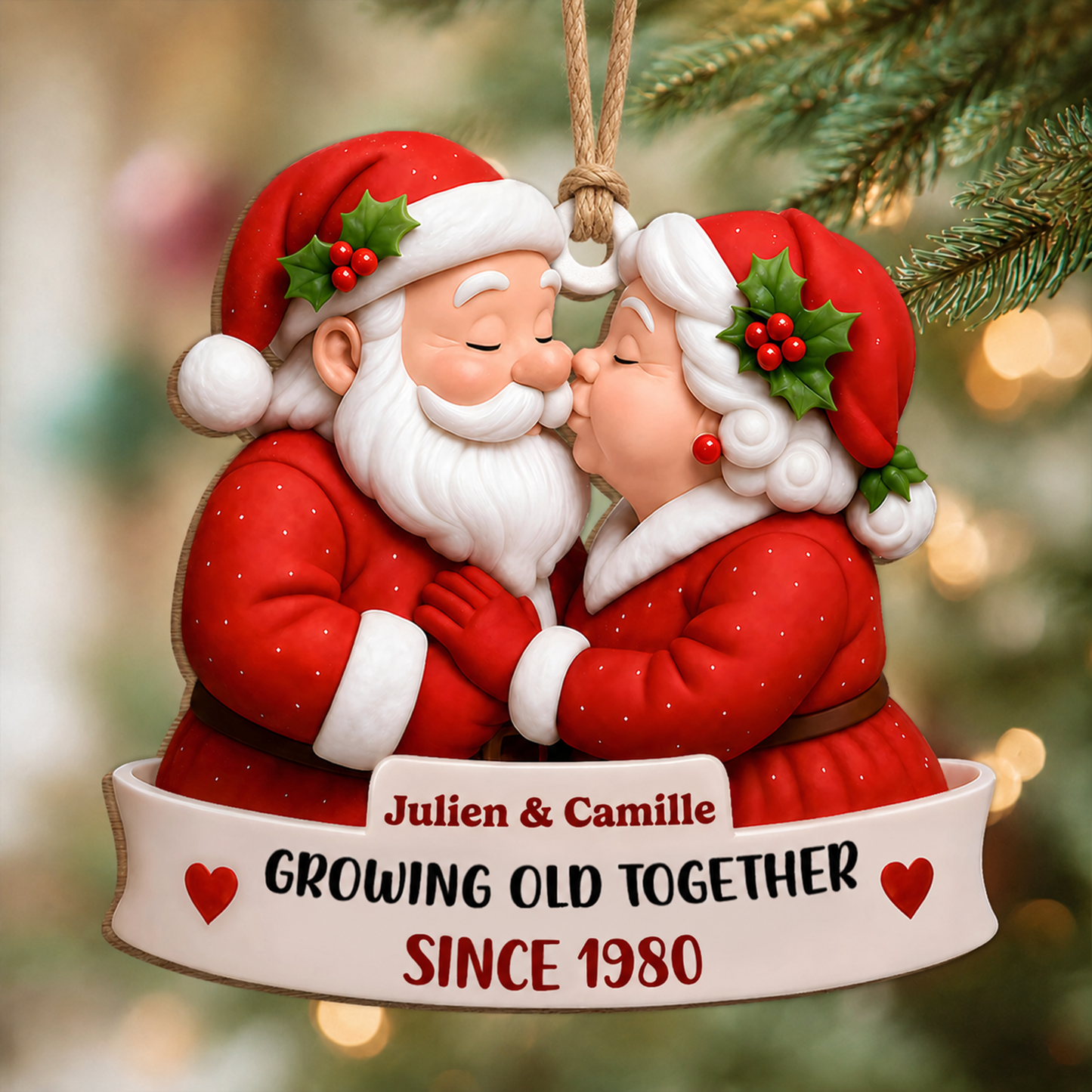 Personalized Santa Couple Christmas Wood Ornament – Growing Old Together Anniversary Gift