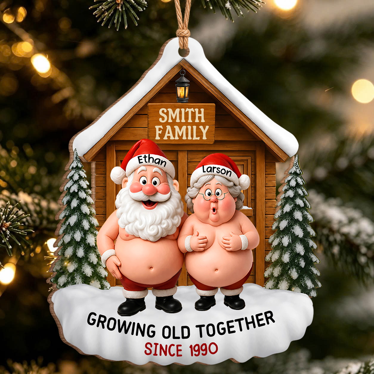 Personalized Santa Couple Growing Old Together Wood Ornament – Anniversary Christmas Gift