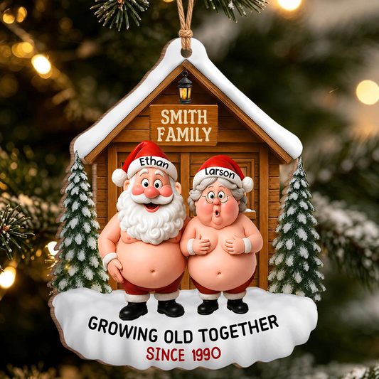 Personalized Santa Couple Growing Old Together Wood Ornament – Anniversary Christmas Gift