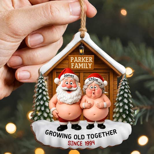 Personalized Santa Couple Growing Old Together Wood Ornament – Anniversary Christmas Gift