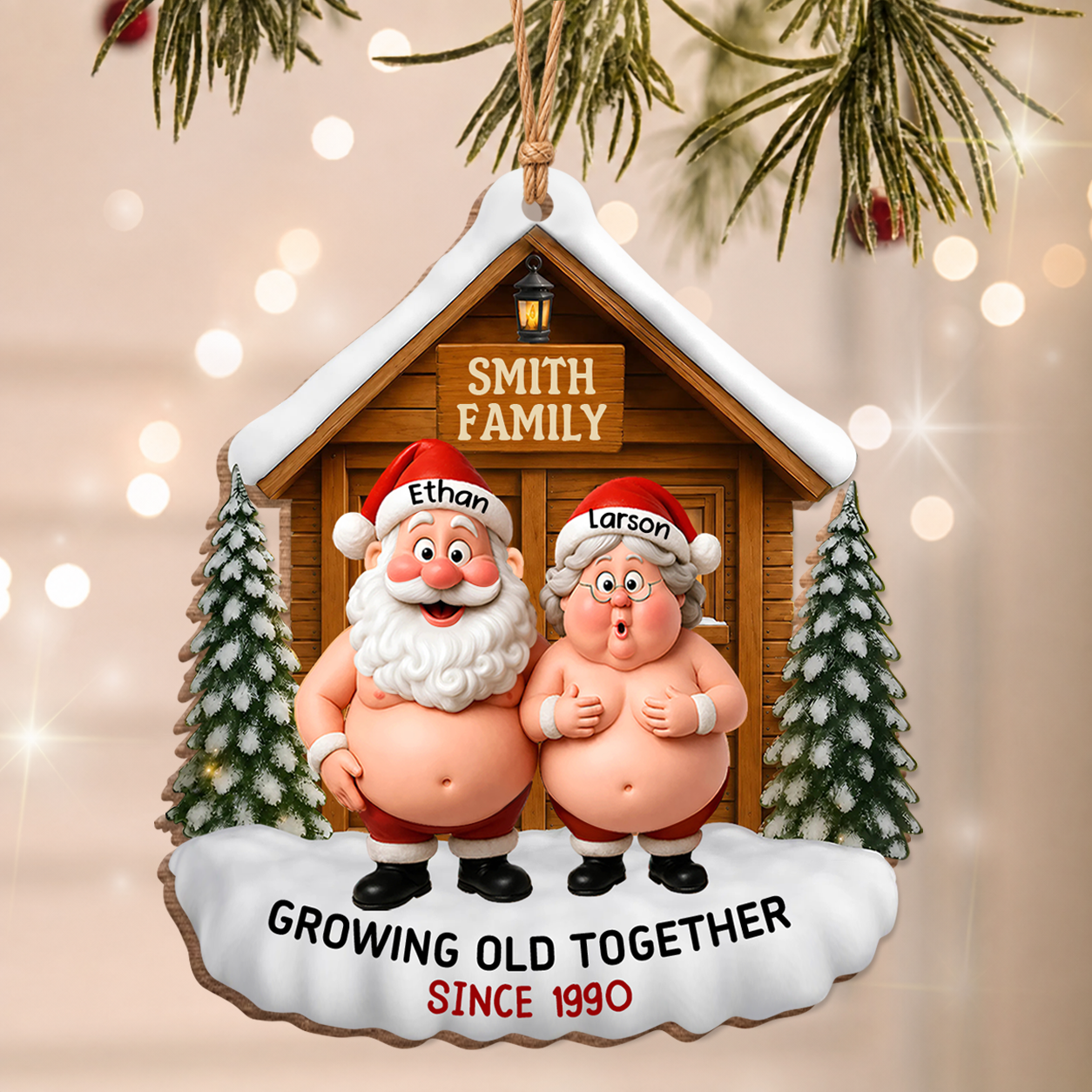 Personalized Santa Couple Growing Old Together Wood Ornament – Anniversary Christmas Gift