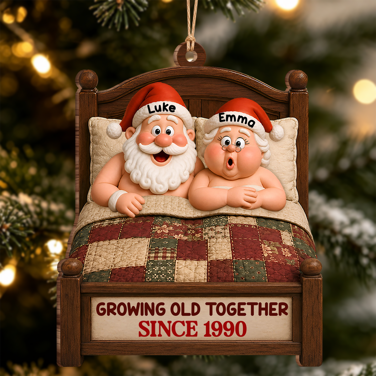 Personalized Growing Old Together Couple Wood Ornament – Custom Names & Year Christmas Gift