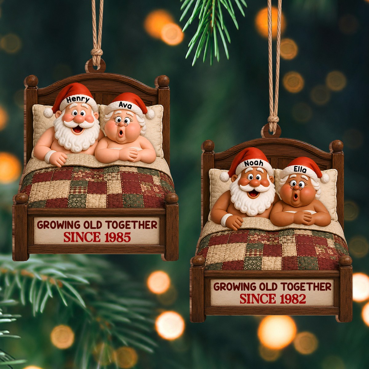 Personalized Growing Old Together Couple Wood Ornament – Custom Names & Year Christmas Gift
