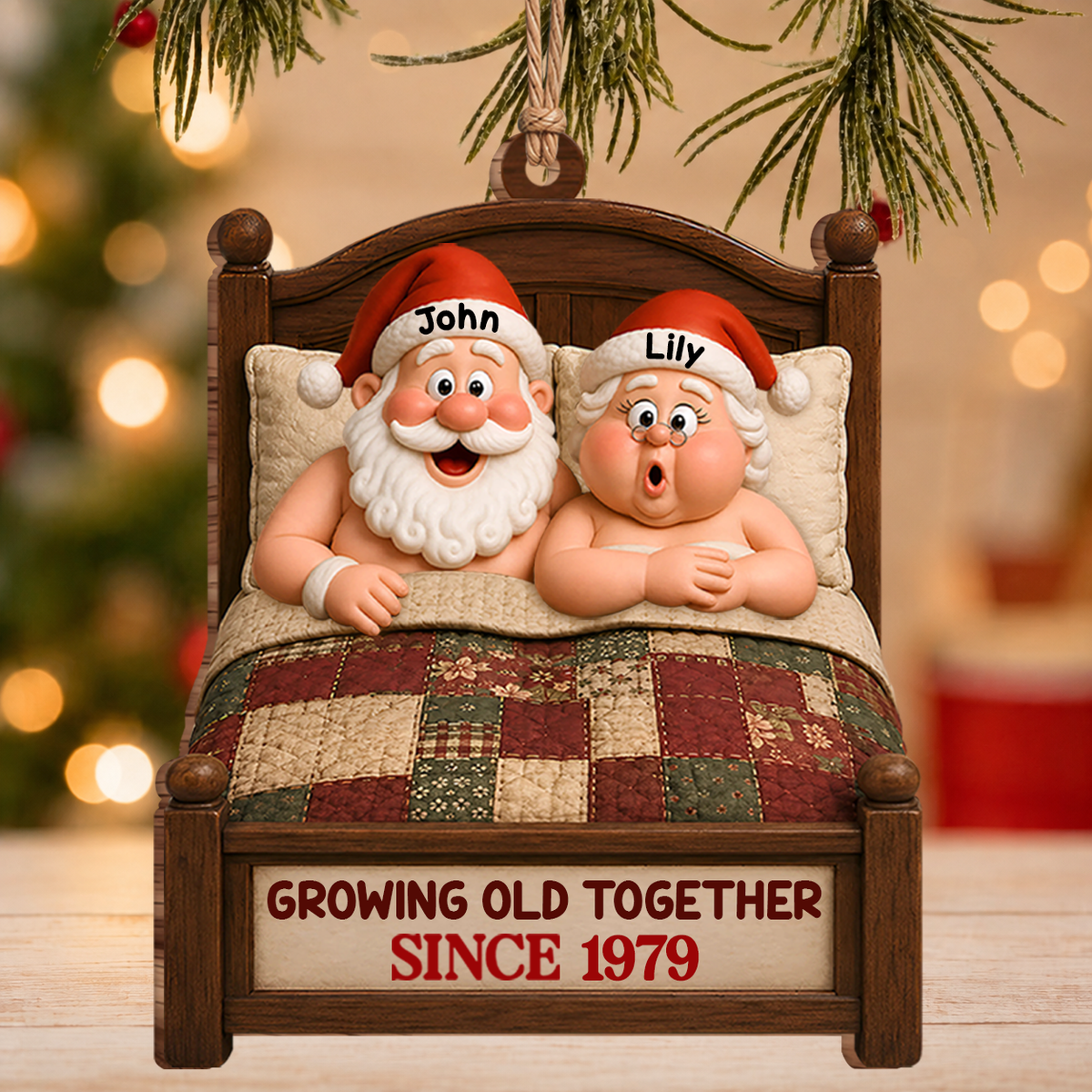 Personalized Growing Old Together Couple Wood Ornament – Custom Names & Year Christmas Gift