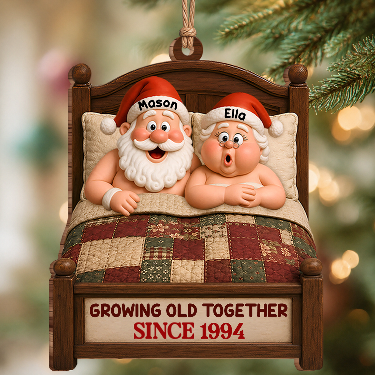 Personalized Growing Old Together Couple Wood Ornament – Custom Names & Year Christmas Gift