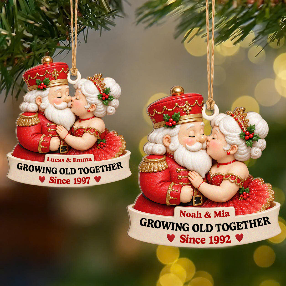Personalisierter Weihnachts-Holzanhänger für Paare – Nussknacker-König & Weihnachtskönigin küssen sich, gemeinsam alt werden seit, individuelle Namen, Jahr, Jahrestagsgeschenk für Paare