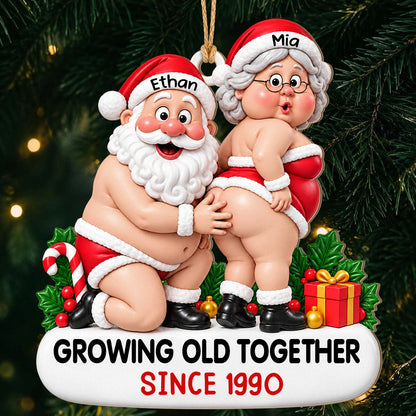 Personalized Funny Couple Christmas Wood Ornament – Chubby Santa & Mrs. Claus Growing Old Together Since Custom Names Year Humor Anniversary Gift For Couple