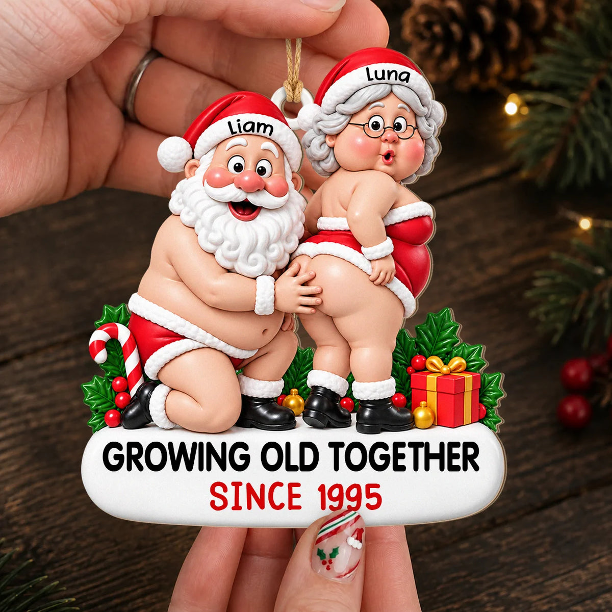Personalized Funny Couple Christmas Wood Ornament – Chubby Santa & Mrs. Claus Growing Old Together Since Custom Names Year Humor Anniversary Gift For Couple