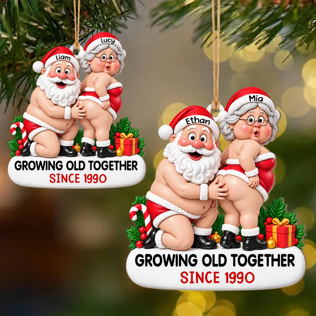 Personalized Funny Couple Christmas Wood Ornament – Chubby Santa & Mrs. Claus Growing Old Together Since Custom Names Year Humor Anniversary Gift For Couple