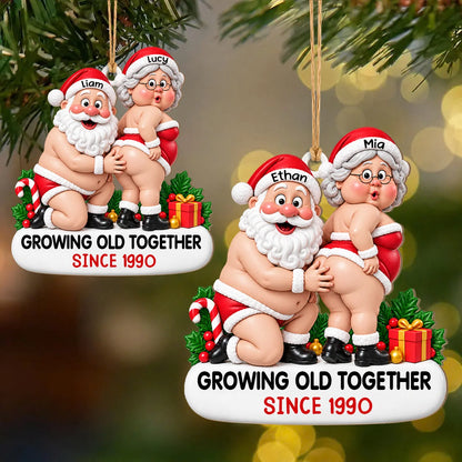 Personalized Funny Couple Christmas Wood Ornament – Chubby Santa & Mrs. Claus Growing Old Together Since Custom Names Year Humor Anniversary Gift For Couple