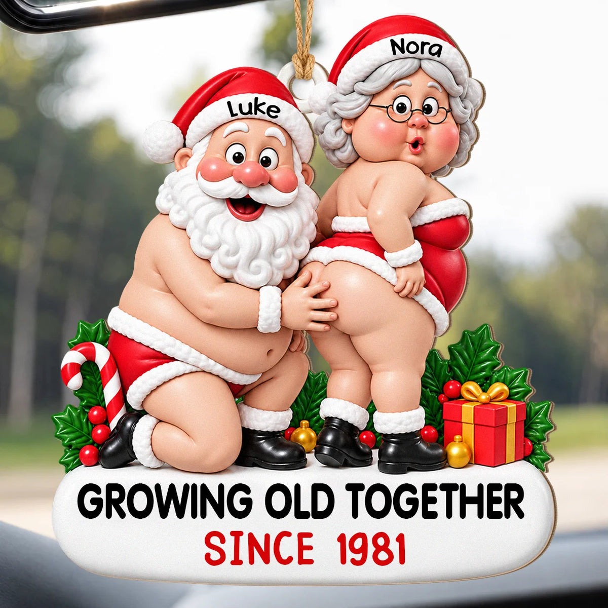 Personalized Funny Couple Christmas Wood Ornament – Chubby Santa & Mrs. Claus Growing Old Together Since Custom Names Year Humor Anniversary Gift For Couple