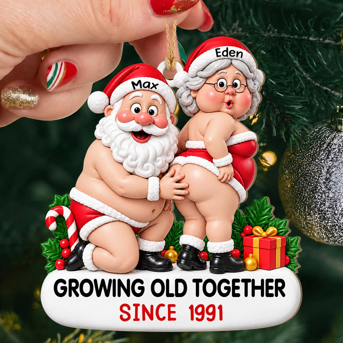 Personalized Funny Couple Christmas Wood Ornament – Chubby Santa & Mrs. Claus Growing Old Together Since Custom Names Year Humor Anniversary Gift For Couple