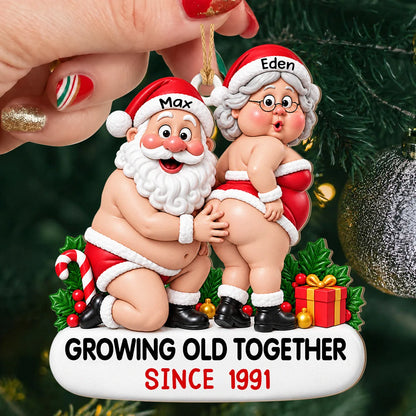 Personalized Funny Couple Christmas Wood Ornament – Chubby Santa & Mrs. Claus Growing Old Together Since Custom Names Year Humor Anniversary Gift For Couple