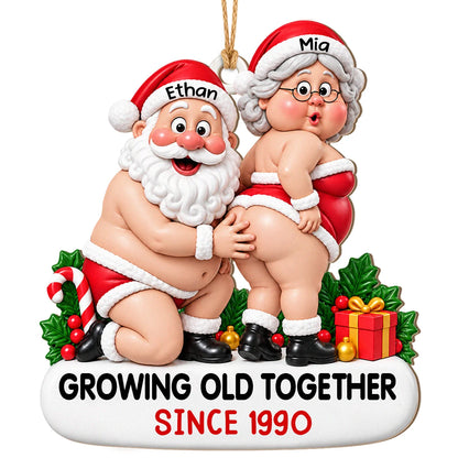 Personalized Funny Couple Christmas Wood Ornament – Chubby Santa & Mrs. Claus Growing Old Together Since Custom Names Year Humor Anniversary Gift For Couple