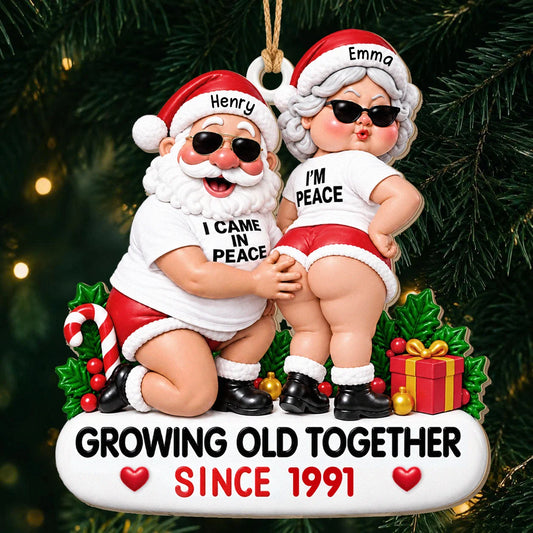 Personalisierter lustiger Weihnachtsanhänger aus Holz für Paare – Weihnachtsmann & Weihnachtsfrau mit Sonnenbrille „I Came In Peace“ Gemeinsam alt werden seit Benutzerdefinierte Namen Jahr Jahrestagsgeschenk für Paare