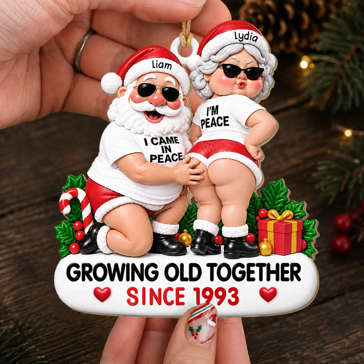 Personalized Funny Couple Christmas Wood Ornament – Santa & Mrs. Claus Sunglasses I Came In Peace Growing Old Together Since Custom Names Year Anniversary Gift For Couple