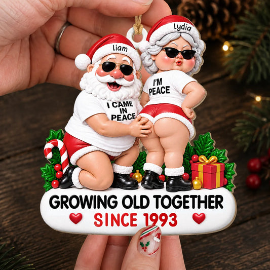 Personalized Funny Couple Christmas Wood Ornament – Santa & Mrs. Claus Sunglasses I Came In Peace Growing Old Together Since Custom Names Year Anniversary Gift For Couple