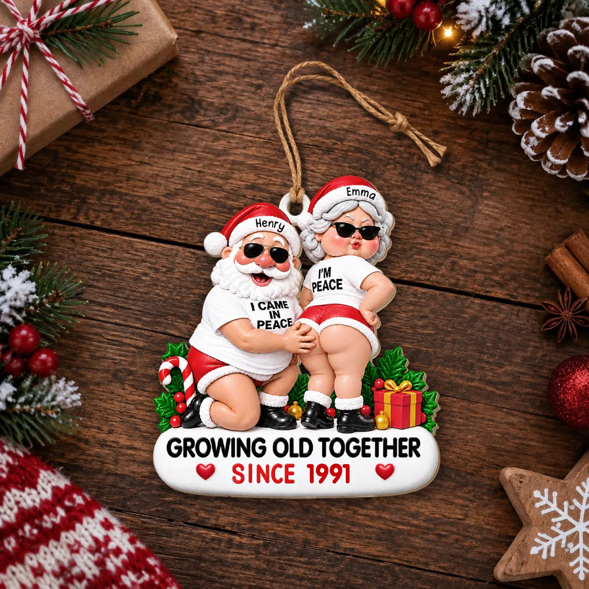 Personalized Funny Couple Christmas Wood Ornament – Santa & Mrs. Claus Sunglasses I Came In Peace Growing Old Together Since Custom Names Year Anniversary Gift For Couple