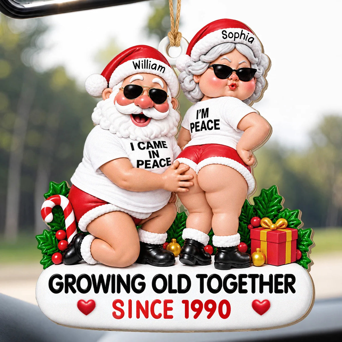 Personalized Funny Couple Christmas Wood Ornament – Santa & Mrs. Claus Sunglasses I Came In Peace Growing Old Together Since Custom Names Year Anniversary Gift For Couple