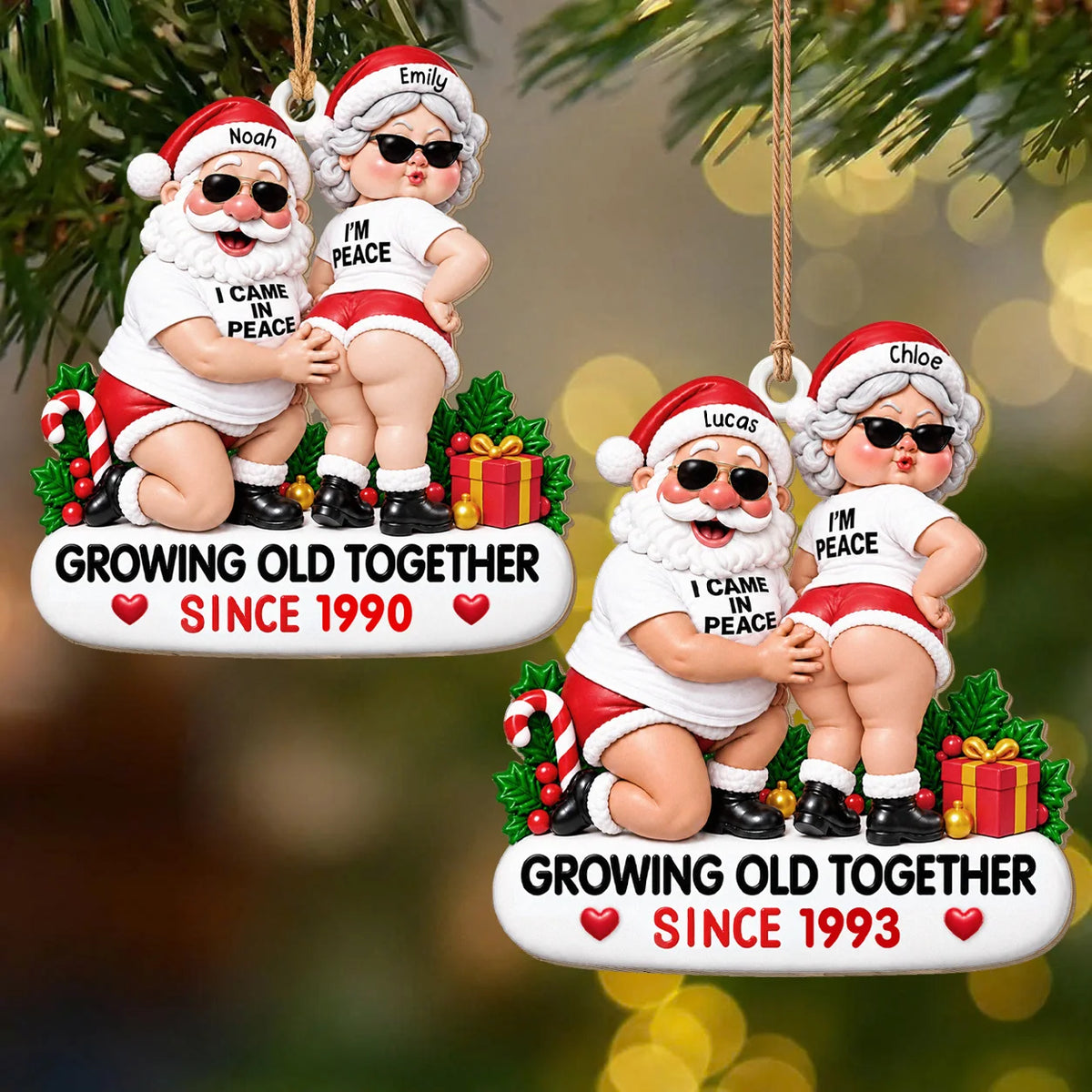 Personalized Funny Couple Christmas Wood Ornament – Santa & Mrs. Claus Sunglasses I Came In Peace Growing Old Together Since Custom Names Year Anniversary Gift For Couple