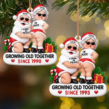 Personalized Funny Couple Christmas Wood Ornament – Santa & Mrs. Claus Sunglasses I Came In Peace Growing Old Together Since Custom Names Year Anniversary Gift For Couple