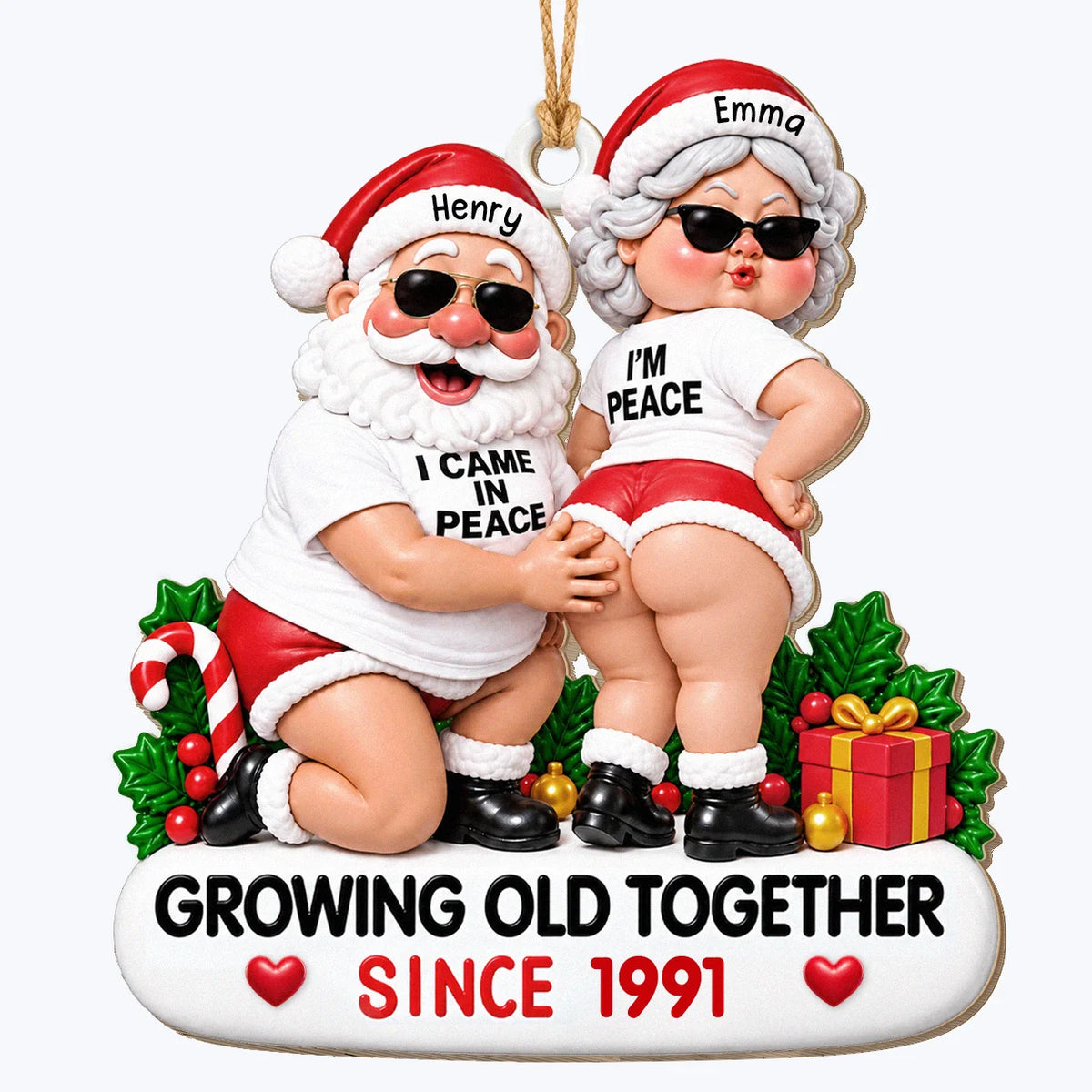Personalized Funny Couple Christmas Wood Ornament – Santa & Mrs. Claus Sunglasses I Came In Peace Growing Old Together Since Custom Names Year Anniversary Gift For Couple