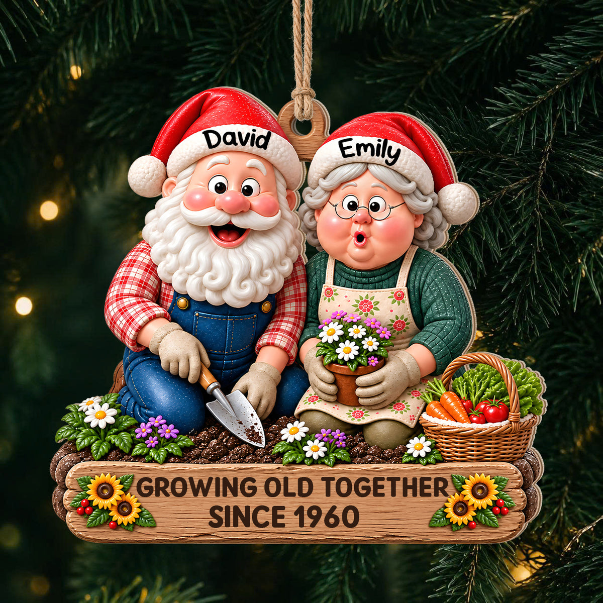 Personalisiertes Weihnachts-Holzornament für Paare – Gemeinsam alt werden seit Jahr, Weihnachtswichtel beim Gärtnern, individuelle Namen, Geschenk