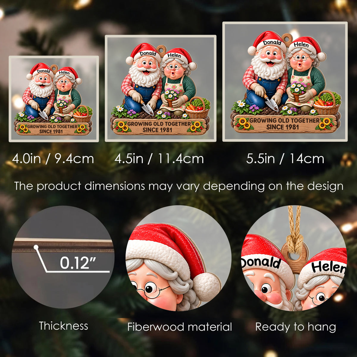 Personalisiertes Weihnachts-Holzornament für Paare – Gemeinsam alt werden seit Jahr, Weihnachtswichtel beim Gärtnern, individuelle Namen, Geschenk