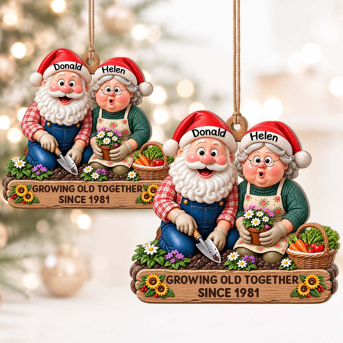 Personalisiertes Weihnachts-Holzornament für Paare – Gemeinsam alt werden seit Jahr, Weihnachtswichtel beim Gärtnern, individuelle Namen, Geschenk