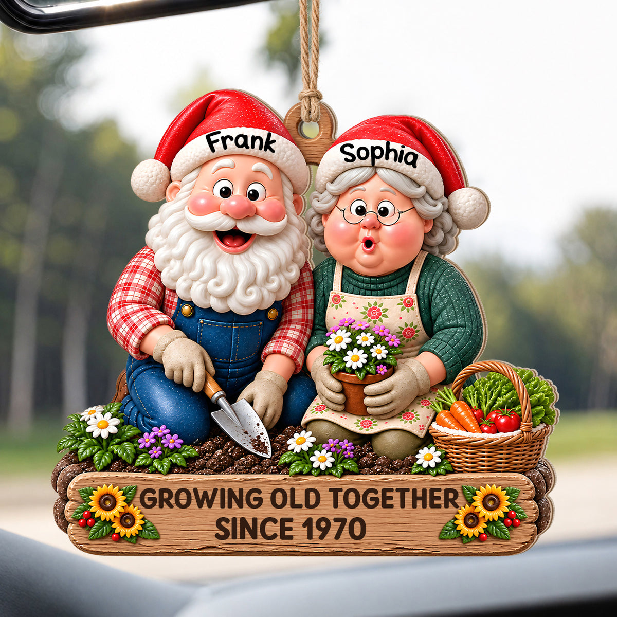 Personalisiertes Weihnachts-Holzornament für Paare – Gemeinsam alt werden seit Jahr, Weihnachtswichtel beim Gärtnern, individuelle Namen, Geschenk