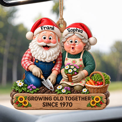 Personalisiertes Weihnachts-Holzornament für Paare – Gemeinsam alt werden seit Jahr, Weihnachtswichtel beim Gärtnern, individuelle Namen, Geschenk
