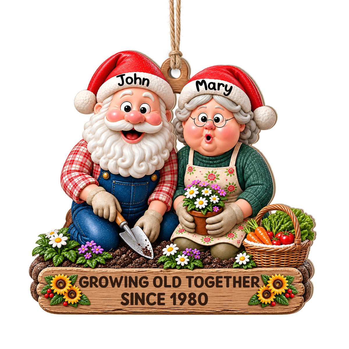 Personalisiertes Weihnachts-Holzornament für Paare – Gemeinsam alt werden seit Jahr, Weihnachtswichtel beim Gärtnern, individuelle Namen, Geschenk