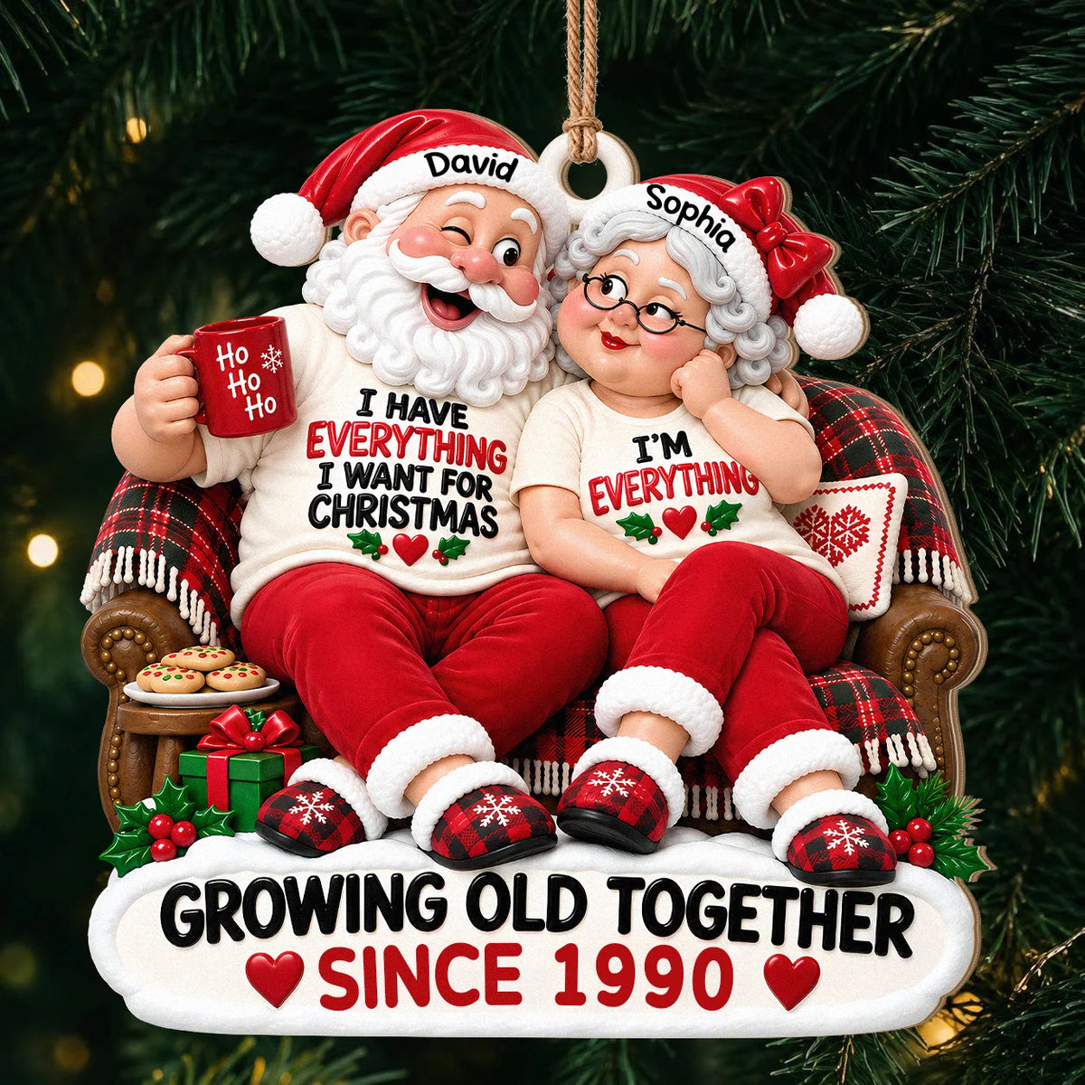 Personalized I'm Everything Santa Couple Plaid Sofa Anniversary Wood Ornament – Gift for Couples