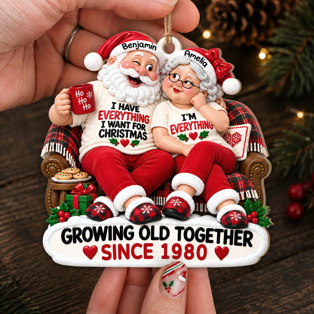 Personalized I'm Everything Santa Couple Plaid Sofa Anniversary Wood Ornament – Gift for Couples