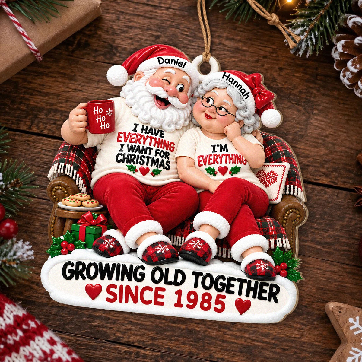 Personalized I'm Everything Santa Couple Plaid Sofa Anniversary Wood Ornament – Gift for Couples